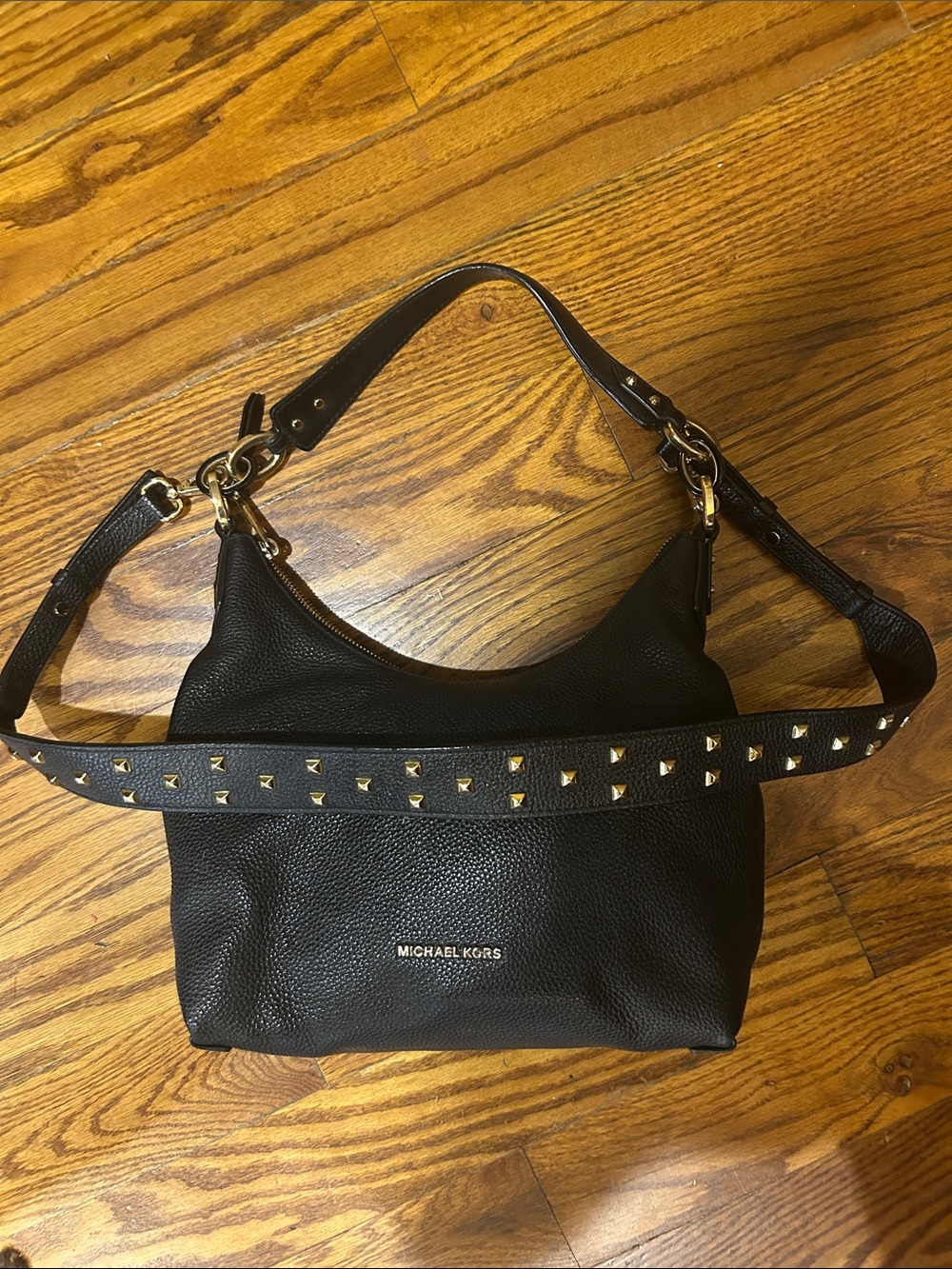 Michael Kors Black Pebbled Leather Hobo with Studded Strap